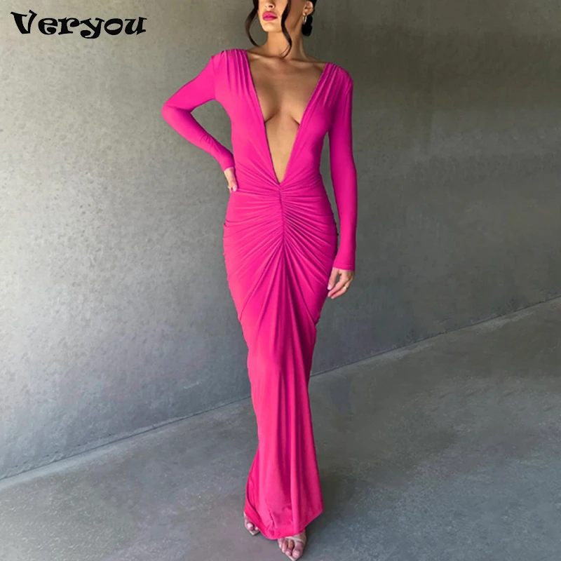 

New Sexy Bodycon Dresses For Women Elegant Deep V Neck Long Sleeve Solid Backless Long Dress Women Autumn Party Dress