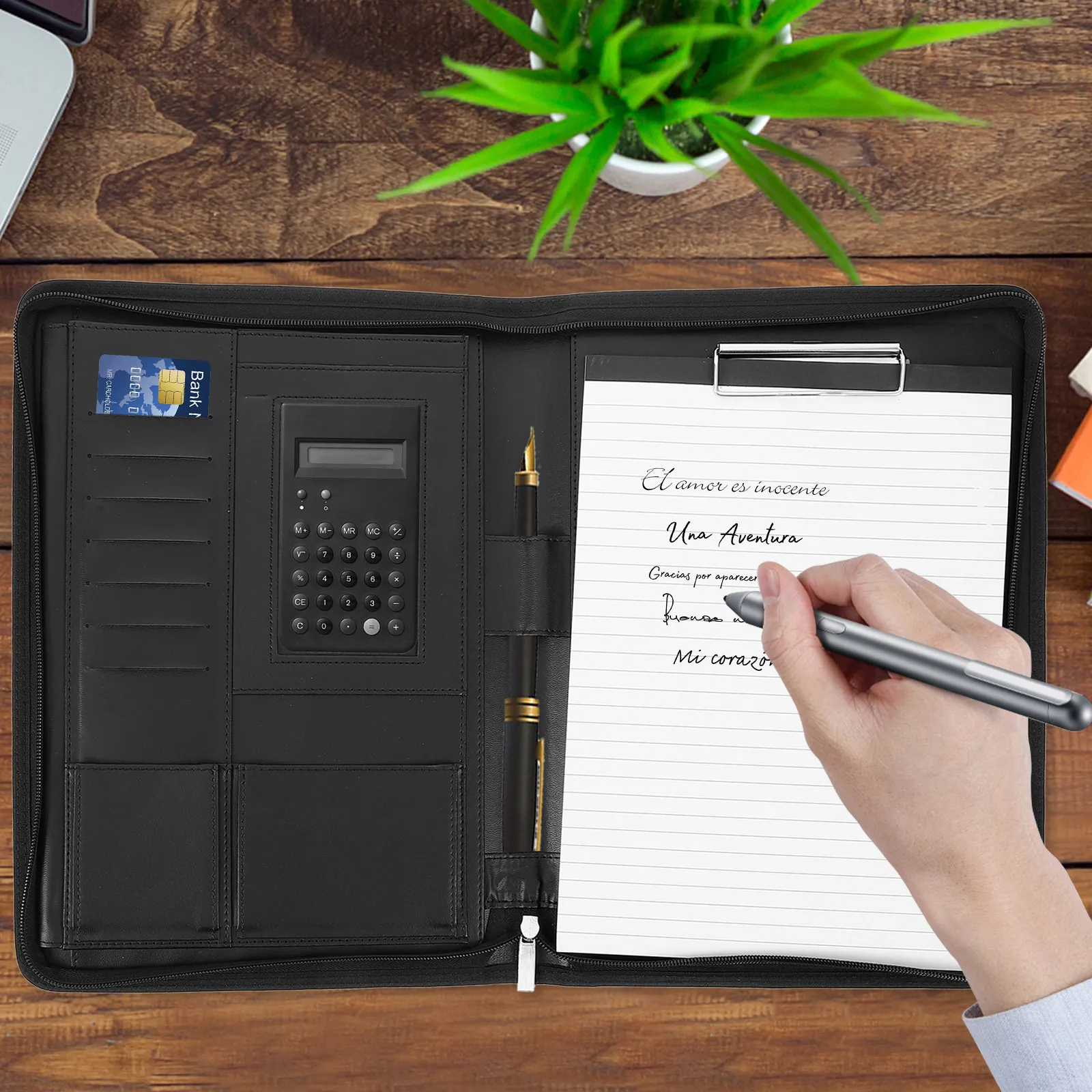 1Set A4 Zipper Portfolio Organizer Document Binder Multifunctional Work Folder Office Folder with Card Slots Calculator Pocket