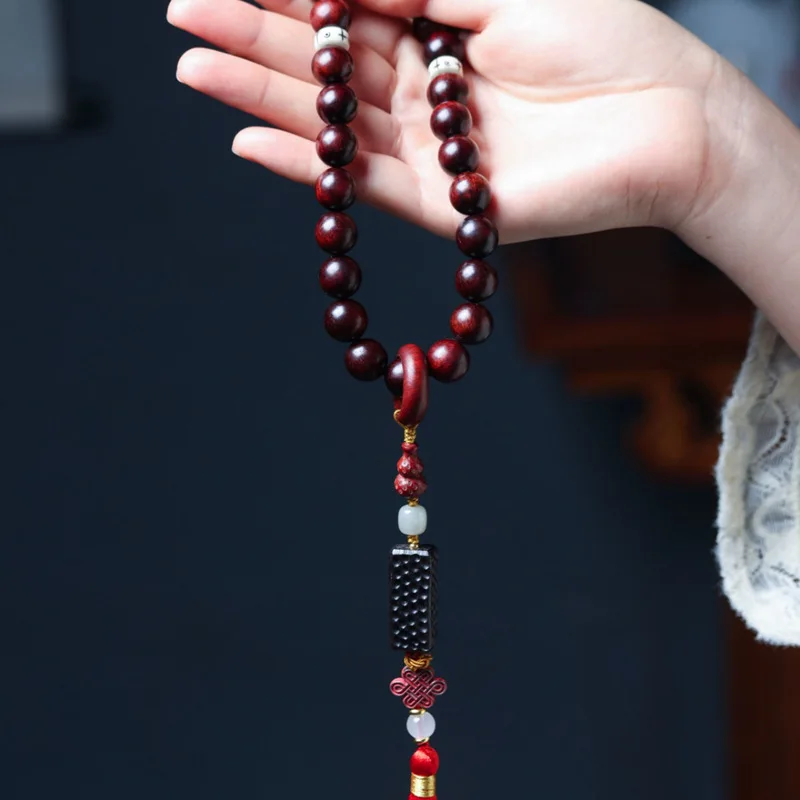 Zambian Rosewood Prayer Beads Bracelet with Ring Tassel Car Hanging Ancient Style Rotating Bead Jewelry Gifts