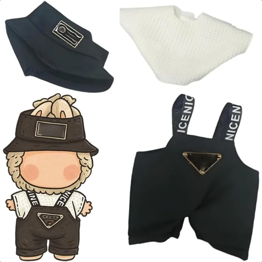 17cm Clothing for Doll NonDoll 17cm Hat and Overalls Set for Doll Cute Clothing for Doll Unique Style (Black)