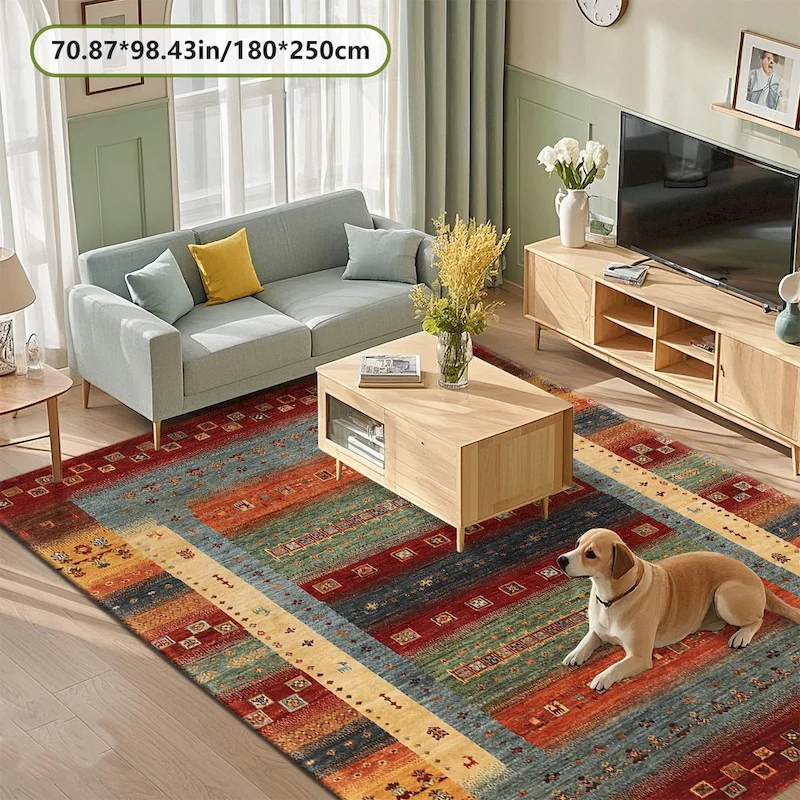 VIKAMA Boho Ethnic Area Rug Colorful Geometric Square Pattern Non‑Slip Rug for Living Room Bedroom Vintage Indoor Home Decor Mat