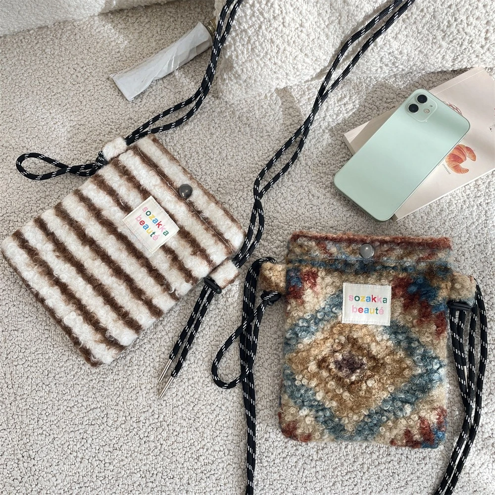 Women Plush Crossbody Bag Striped Floral Mobile Phone Bags Cute Mini Wallets Plush Shoulder Bags 2025 Autumn Winter Coin Purse image 3