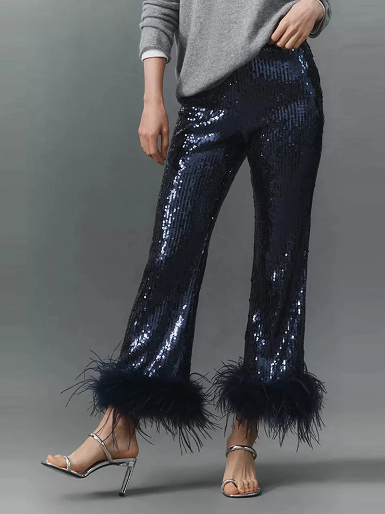 

Модные блестящие брюки с пайетками для клуба и вечеринок, весна-лето, элегантные длинные брюки с пайетками, расклешенные брюки с перьями, коллекция 2026