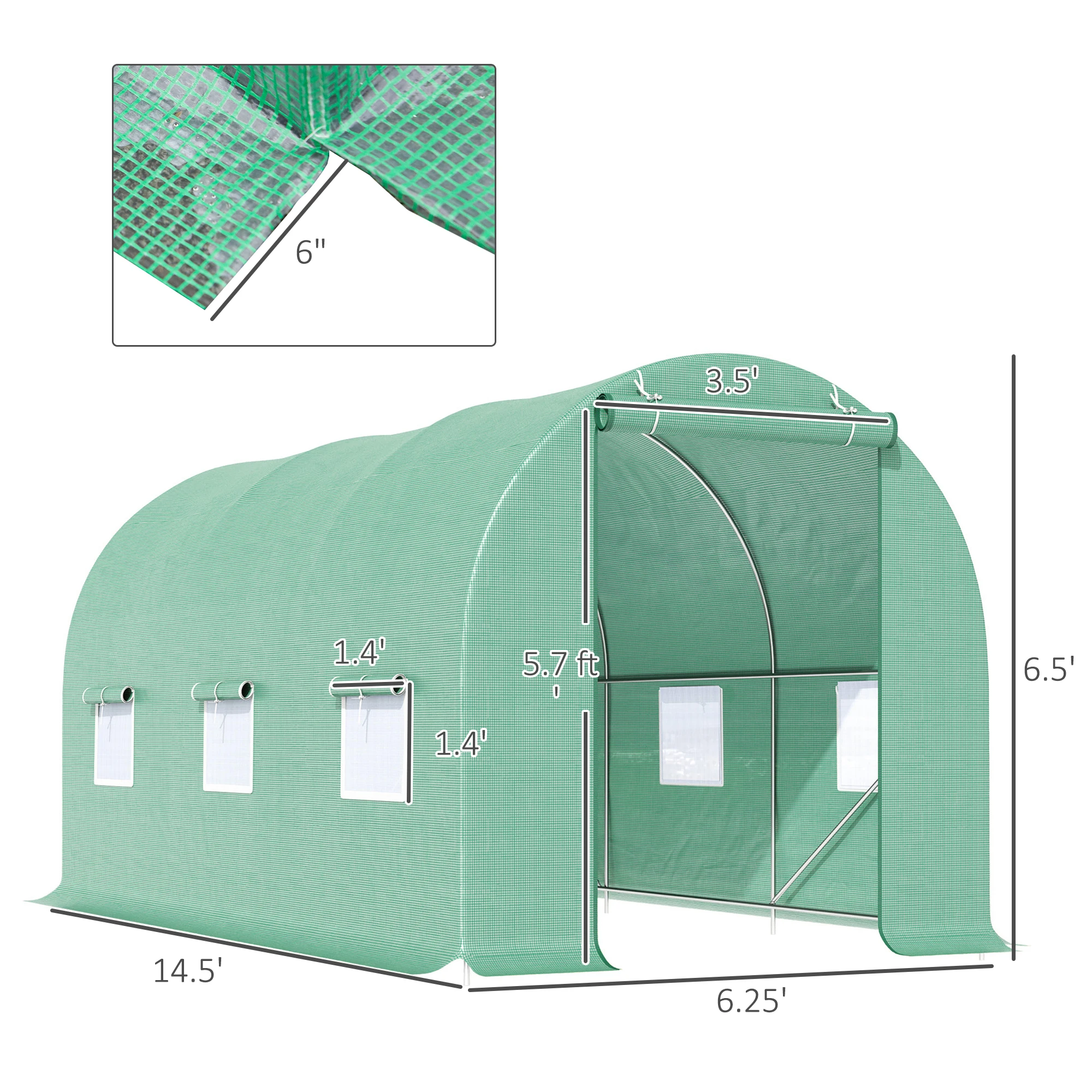 Walk-In Tunnel-Style Green House W/ Roll-Up Front Entrance & Six Side Windows