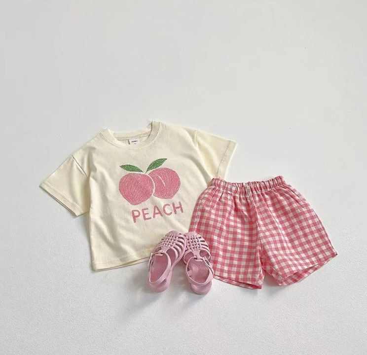Summer Essential Kids Cute Print T Shirt And Plaid Shorts Set Soft Cotton Comfortable Outfit Children Sport Simple Home Wear Set