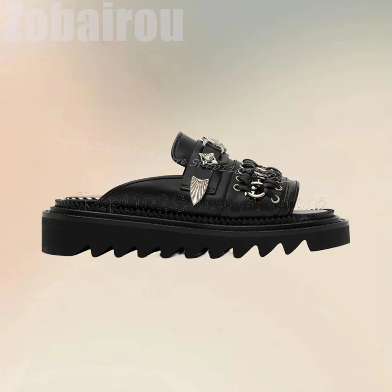 Metal Decor Black Knitted Design Open Toe Slippers Fashion Slip On Men Shoes Luxurious Handmade Party Banquet Men Casual Shoes