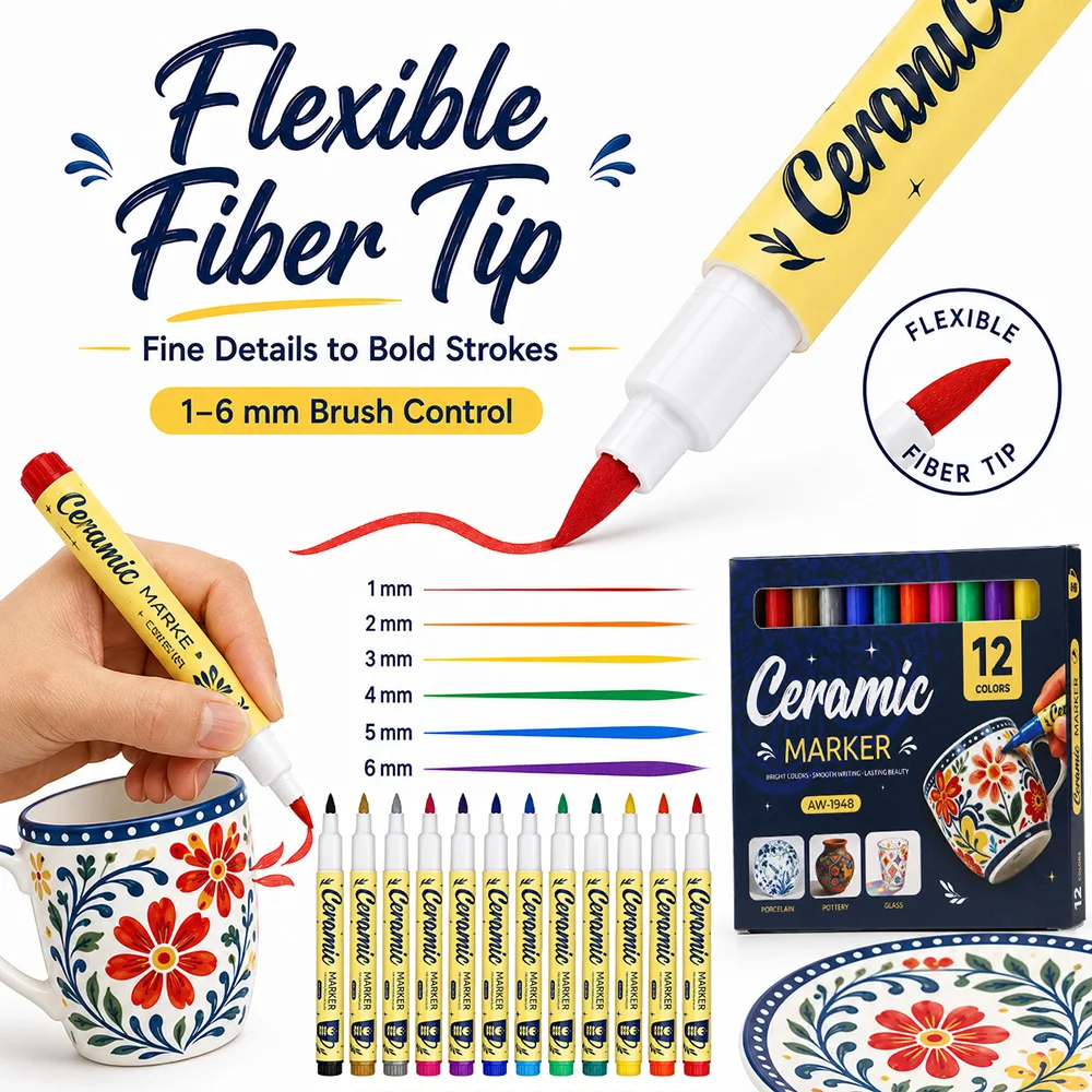 12Pcs Ceramic Paint Markers Vibrant Colors Soft Fiber Tip Pen Glass Porcelain Pottery Mug Graffiti DIY Craft Painting Art Supply