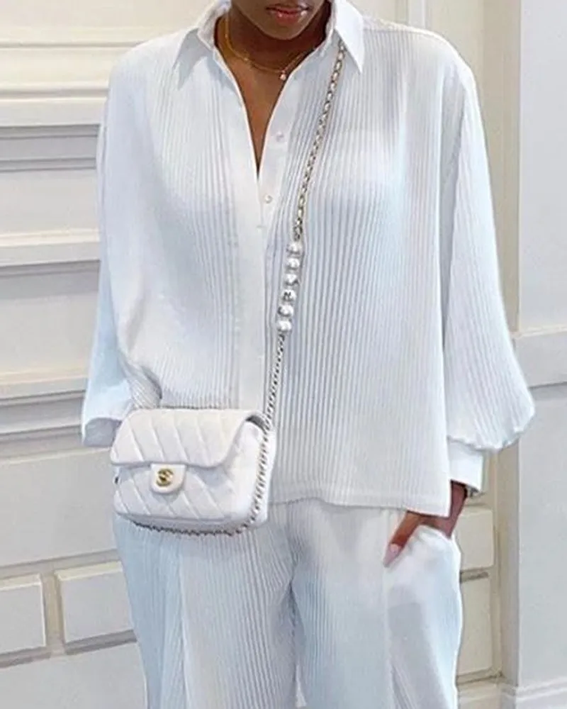 Klassisches, solides Hemd-Hosen-Set für Damen, lässig, locker, langärmelig, Revers, elastische Taille, zweiteiliger Anzug, 2025, neues Sommer-Straßen-Outfit – Detail 7