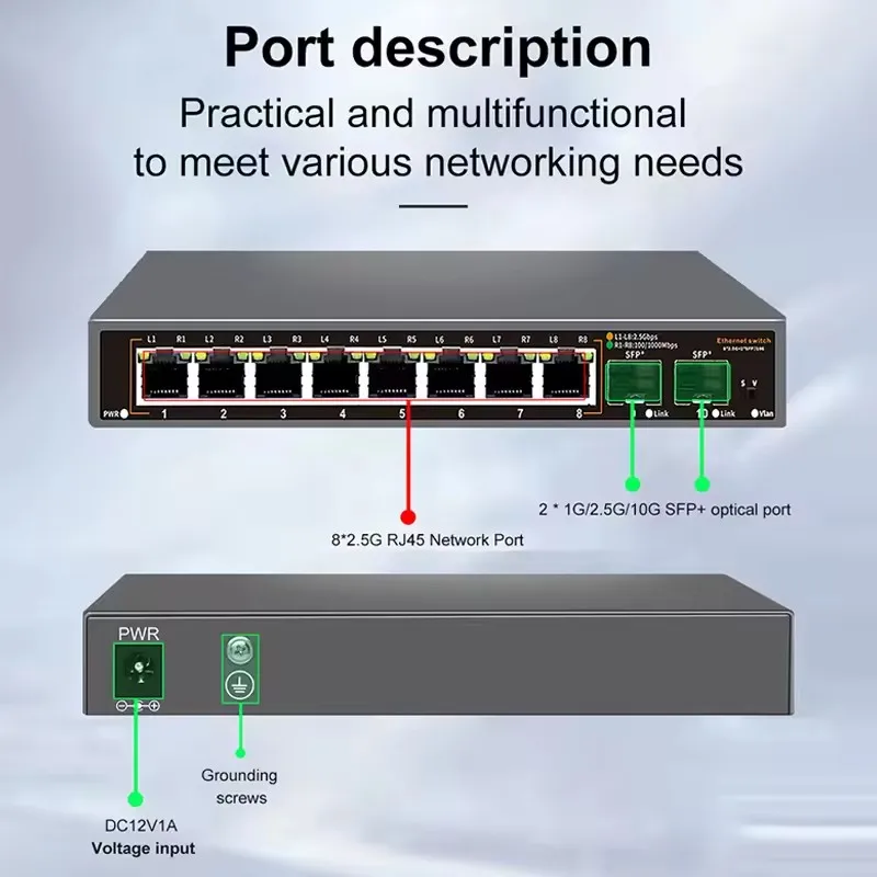 JT-COM 2.5G Network Switch 4/8 Port Ethernet Switch with 2*10G SFP+ Plug and Play Fanless Homelab Switch