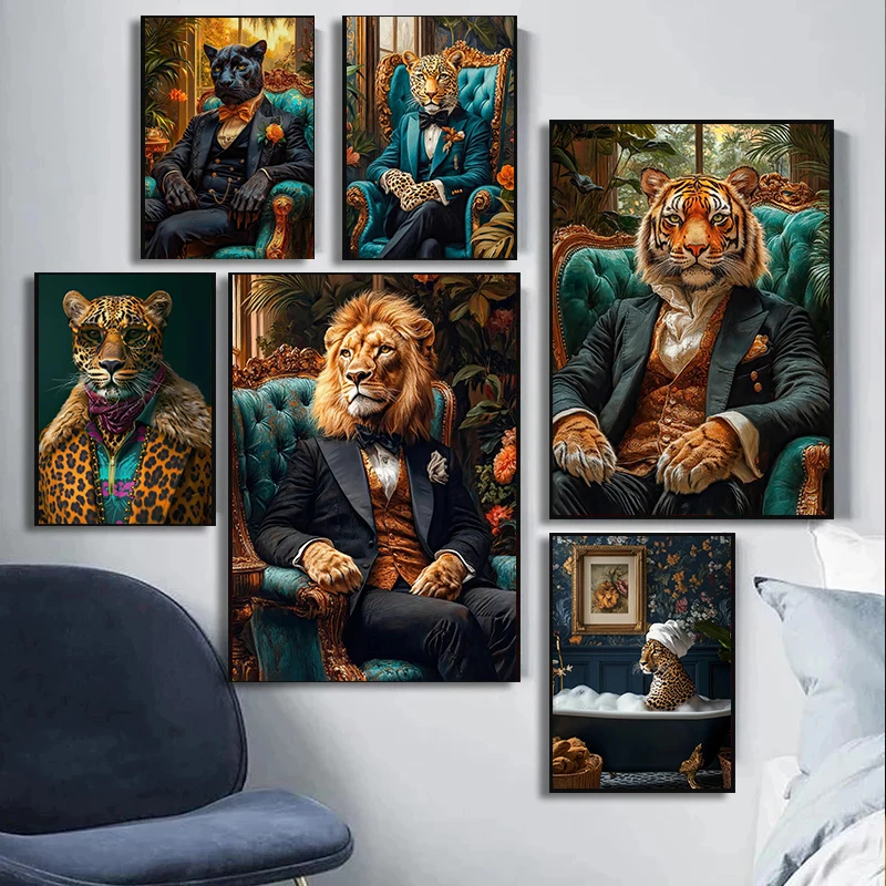 Vintage Floral Animal Head Aristocratic Portrait Leopard Duck Posters Prints Canvas Printing Wall Art Picture Living Room Decor