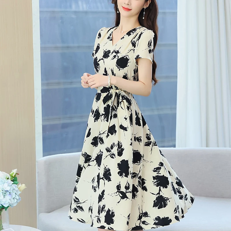 Summer V-neck Vintage Printing Lace Up Robe Femme Short Sleeve Elegant Fashion Midi Dress Women Temperament Vestidos De Fiesta