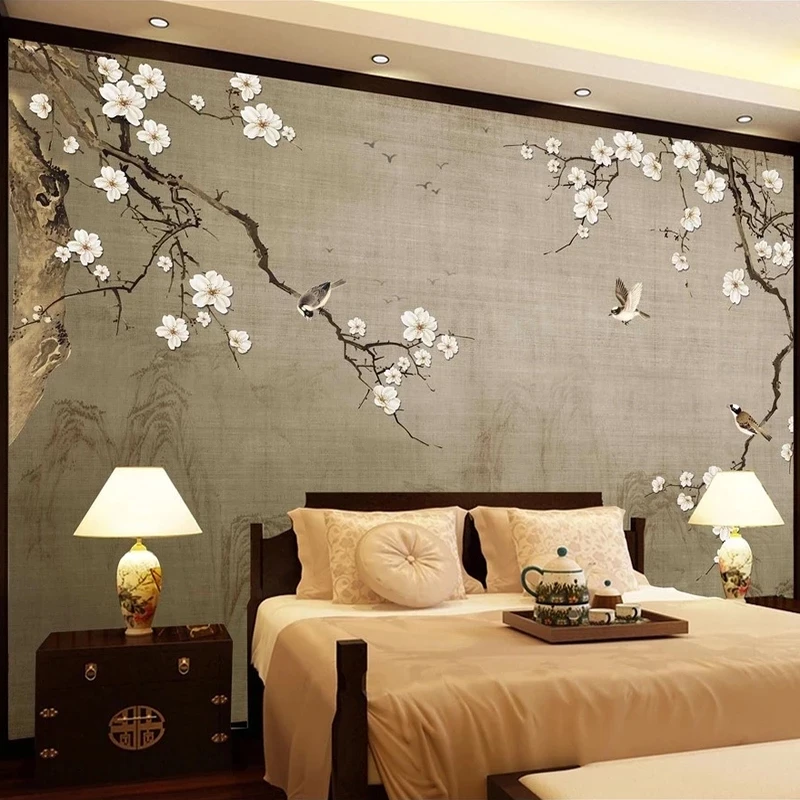 Customized 3D Retro Hand Painted Plum Blossom Flower Bird Mural Bedroom Wallpaper Living room TV background wall restaurant tree
