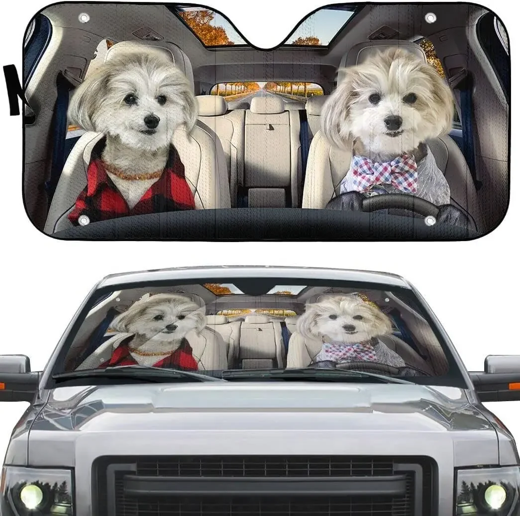 Couple Shih Tzu Happy Puppies Left Hand Drive Car Sunshade Shih Tzu Couple Driving on the Highway Fall Car Sunshade Window Shade