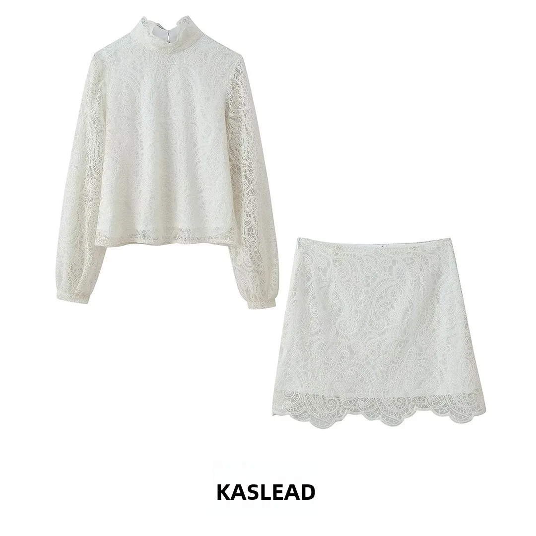 

KASLEAD New Women's Fashion Simple Lantern Sleeve High Collar Lace Two-Piece Set Spring Season Long Sleeve Student Uniform