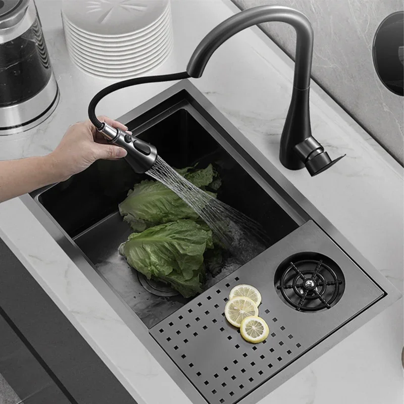 

Black Nano Kitchen Sink With Cover Wash Basin Single slot Bowl Hidden Bar Faucet Drain Accessories For Home Fixture