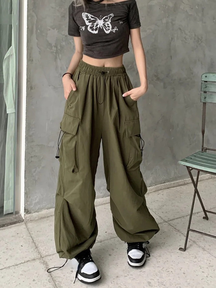 Vintage Pockets Cargo Pants Drawstring High Waist Streetwear Harajuku Baggy Wide Leg Trousers Women Y2k Korean Fashion Bottoms