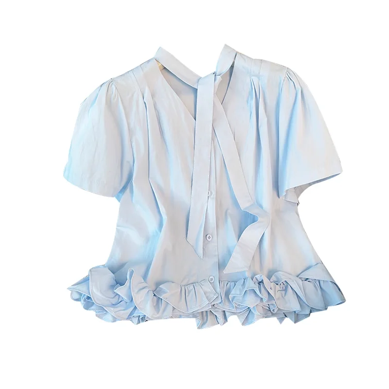 النساء بلايز الخامس الرقبة التعادل قصيرة الأكمام تقسم كشكش قمصان المرأة الصيف الحلو عادية واحدة الصدر الصلبة البلوزات Blusa