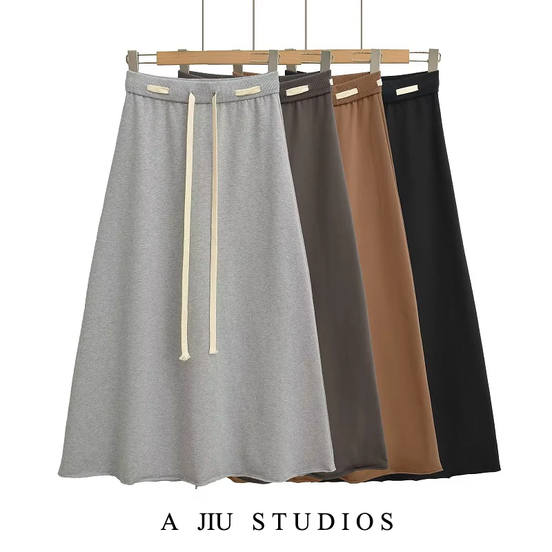 Loose Feel Color Blo Waist Rope Midi Skirt Women's Early Autumn Drape Universal High Waist Slimming A-Line Skirt