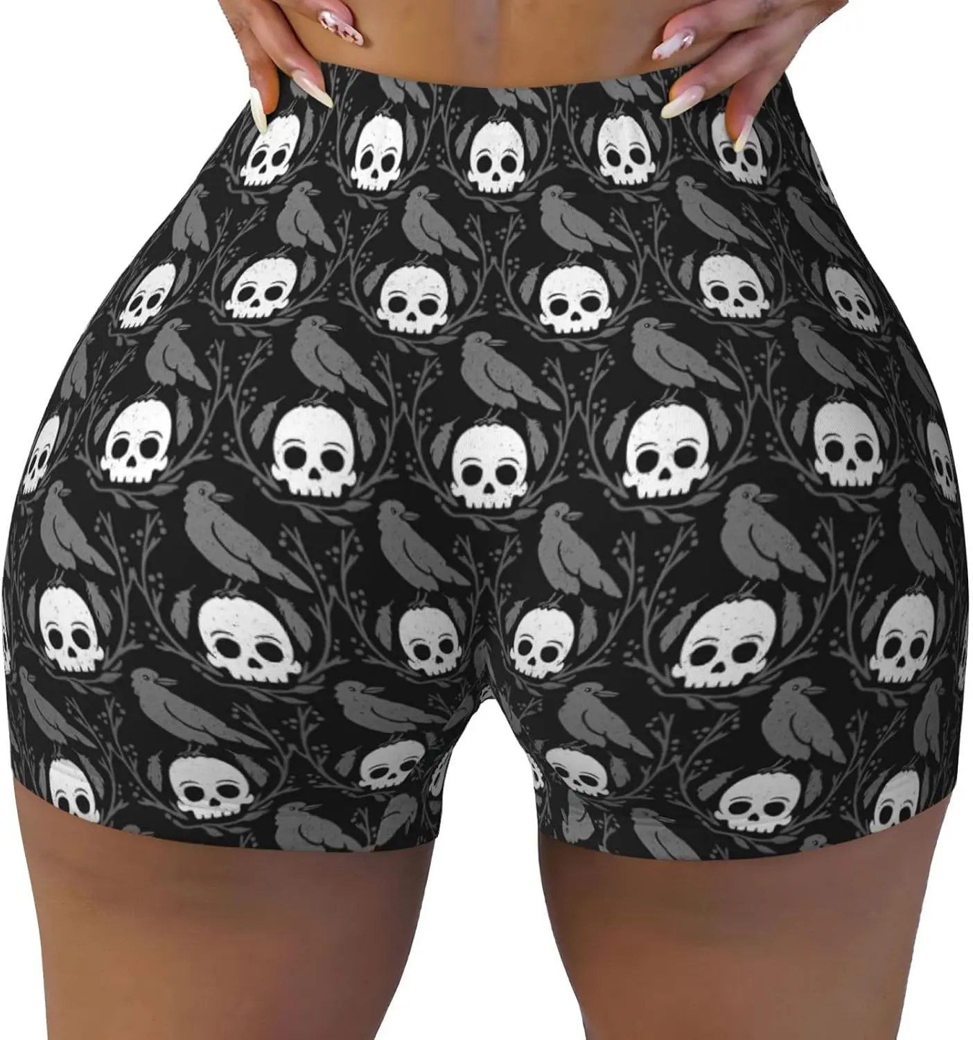 Shorts de yoga taille haute pour femme Crow Skulls, extensibles, pour la gym, l'entraînement, le cyclisme et la course à pied