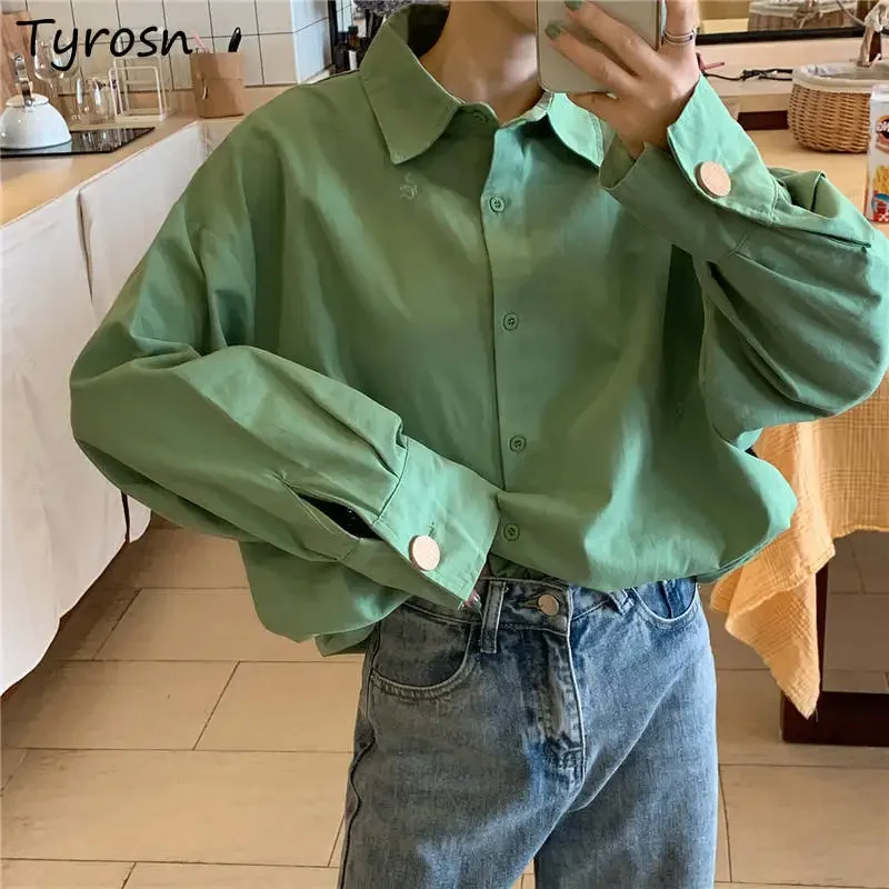 

Однотонные рубашки женские свободные с отложным воротником зеленая верхняя одежда Ins модная шикарная повседневная уличная одежда в стиле ретро для студентов Fenimine новая эстетика