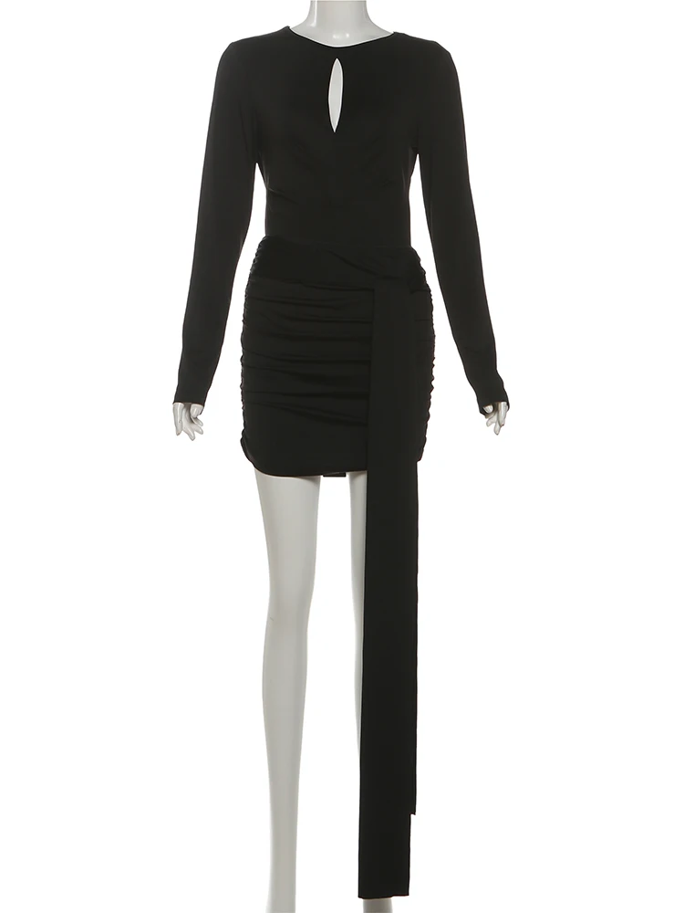 Cutenew Hollow Backless Sexy Set da 2 pezzi Body da donna + Nastro increspato Gonna anca color pesca abbinata eleganti abiti slim elasticizzati