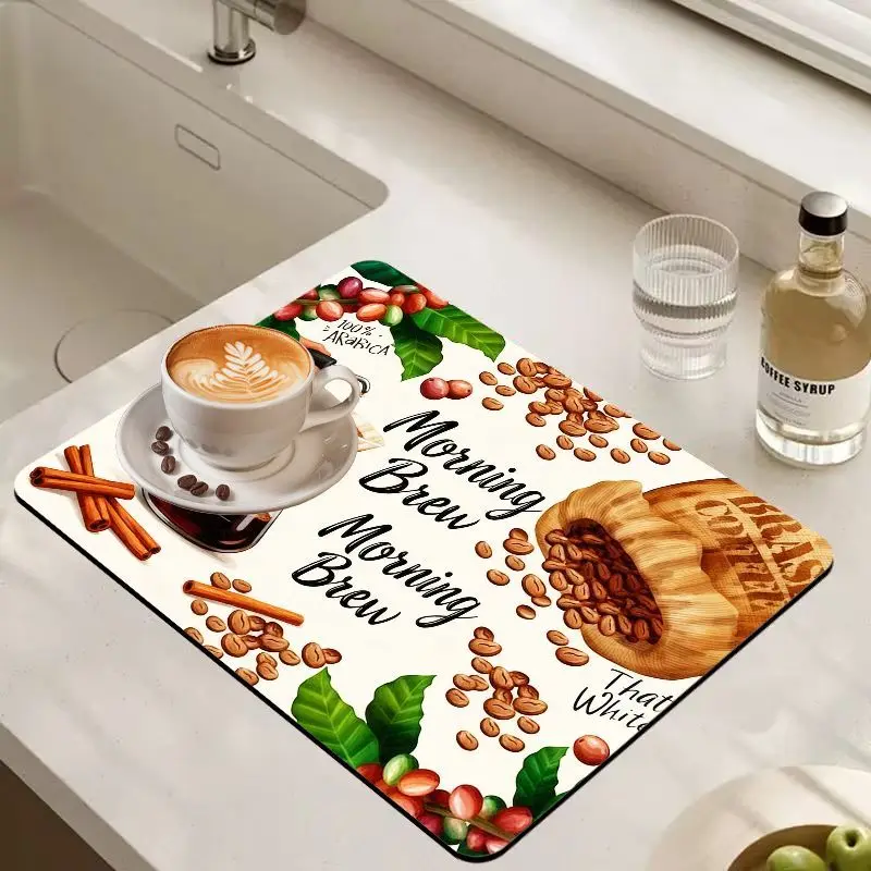 VIKAMA Morning Brew Coffee Print Absorbent Bar Mat Non Slip Non Slip Kitchen Counter Coffee Machine Drying Pad