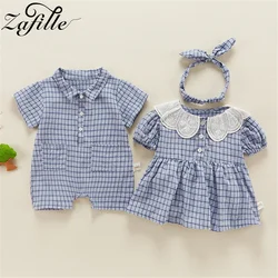 Zafille Twins roupas de bebê, macacão, roupa combinando, roupas infantis recém-nascidas, meninos e meninas, macacão casual, irmão e irmã, xadrez, verão