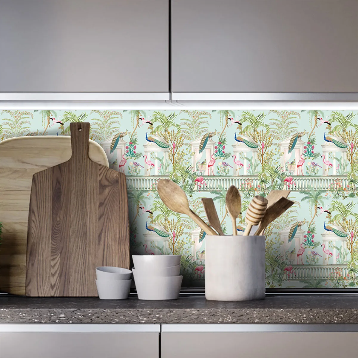 Castle and Flamingo Peacock Standing on The Balcony Peel and Stick Wallpaper Removable Self Adhesive Wall Mural Wall Decor Paper