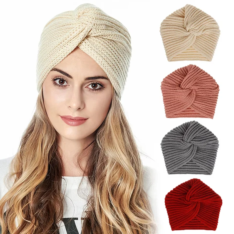 

Knitted Turban Hat for Women Bohemia Imitation Cashmere Cross Headwrap Fashion Indian Woolen Bonnet Stretch Muslim Hijab Beanies