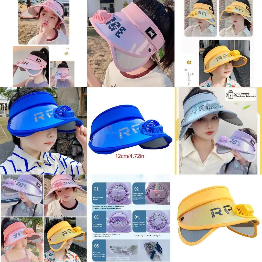

573B Sun Protective Fan Hat for Girl Boy USB Chargeable Cooling Fan Hat Large Brims Hat Outdoor Camping Hiking Sunproof Hat