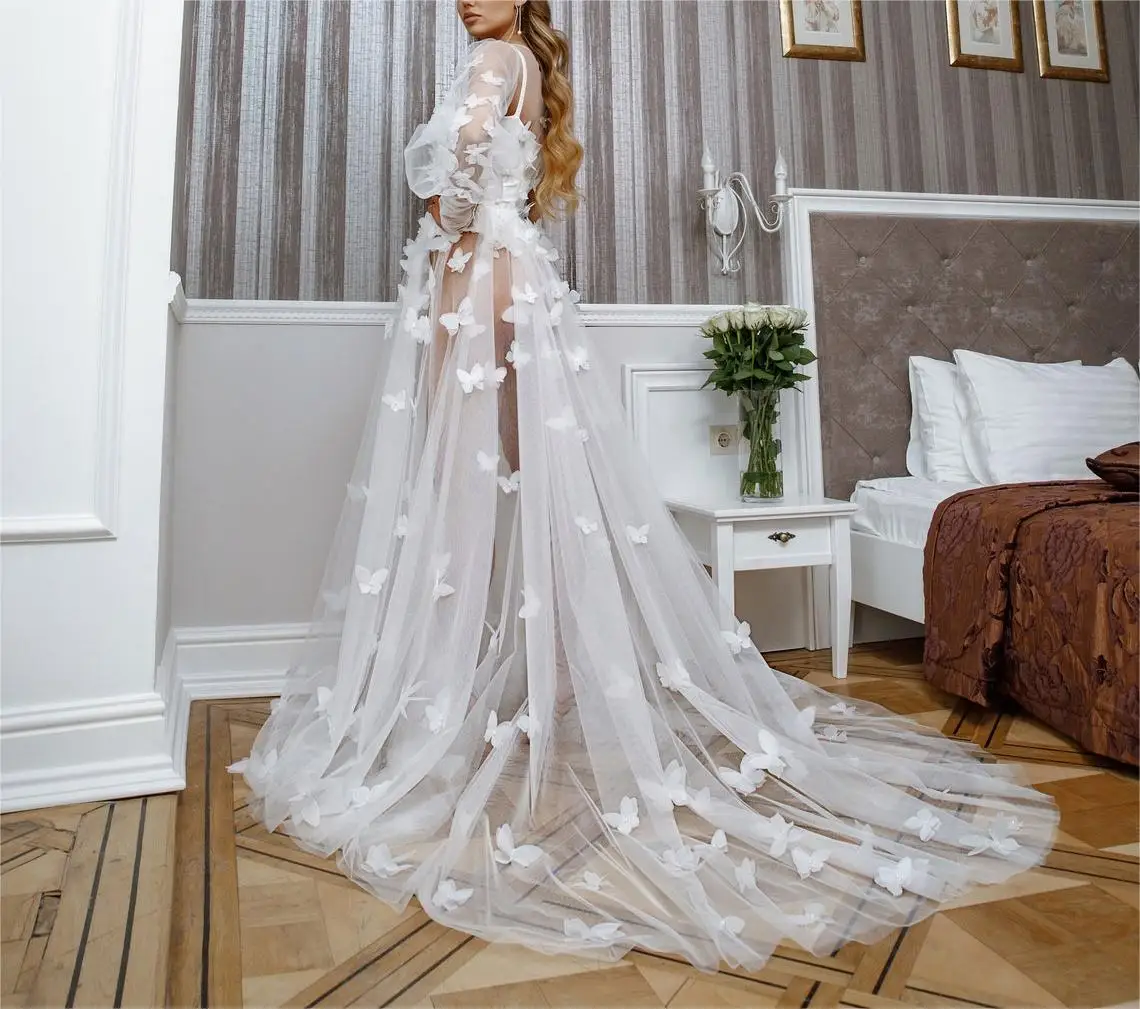 Farfalla Appliques Tulle abito da sposa pigiameria manica lunga Lingerie matrimonio accappatoio da sera indumenti da notte abiti Robe su misura