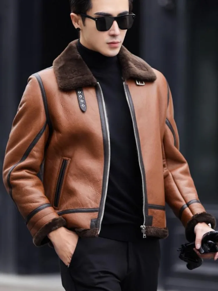 الأعمال عارضة رفض طوق جيوب سترة جلدية حقيقية بلون سستة جلد الغنم الذكور طويلة الأكمام ملابس خارجية