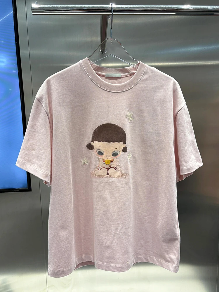 

Summer Women's Loose Cotton T-irt Cartoon Print Sweet Soft Sle Pure Cotton Casual Top Comfortable Commute Faion