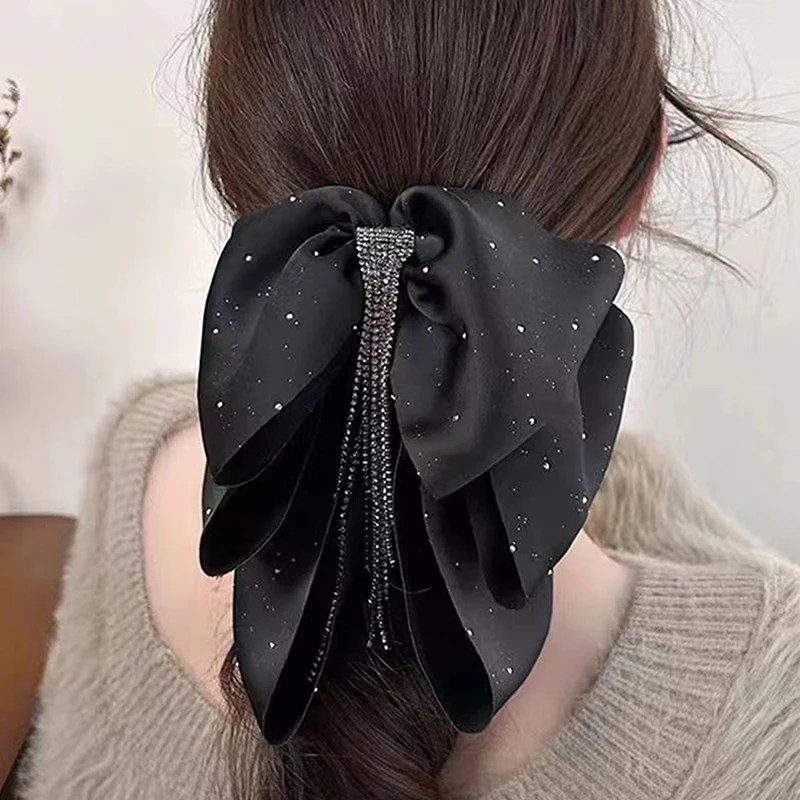 Elegante strass borla preto três camadas arco garra de cabelo para mulheres doce bandana moda acessórios para o cabelo