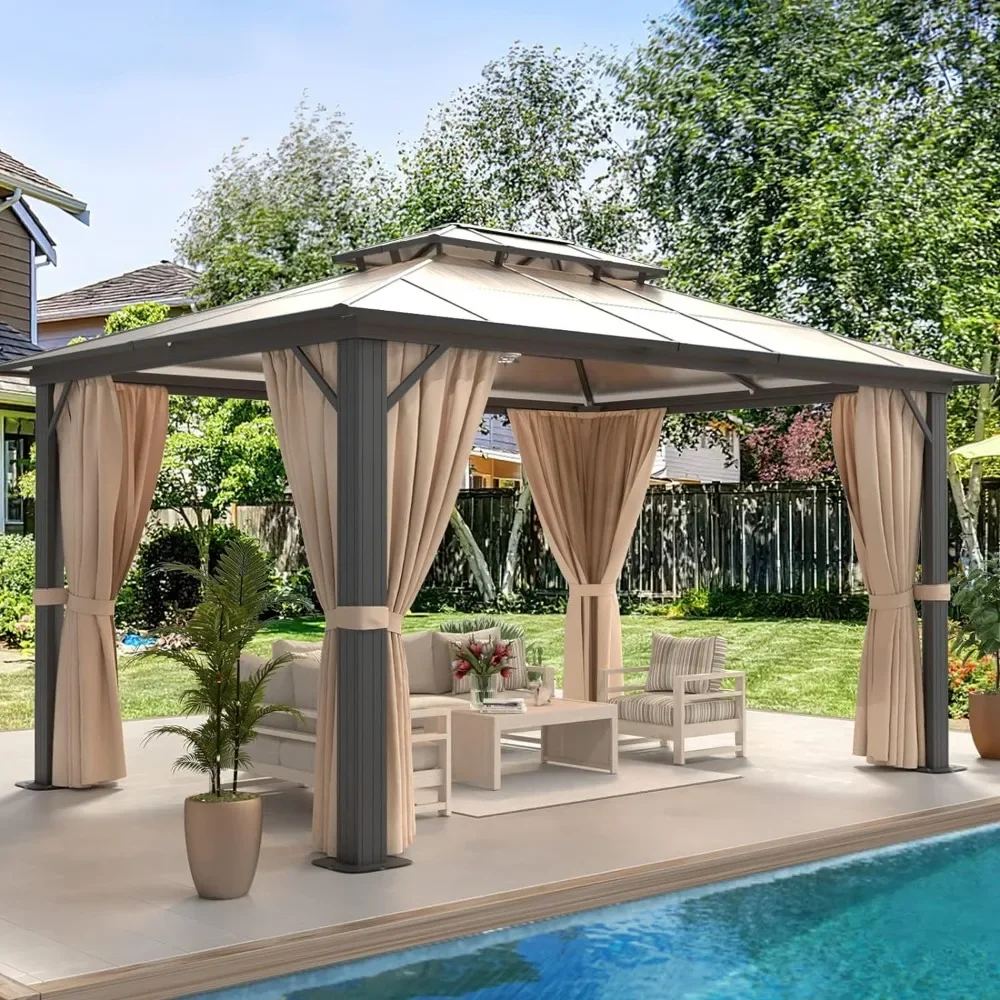 10'x12'Outdoor Gazebo, Double Roof Gazebos, Aluminum Frame Permanent Pavilion with Netting and Curtains, Outdoor Gazebo