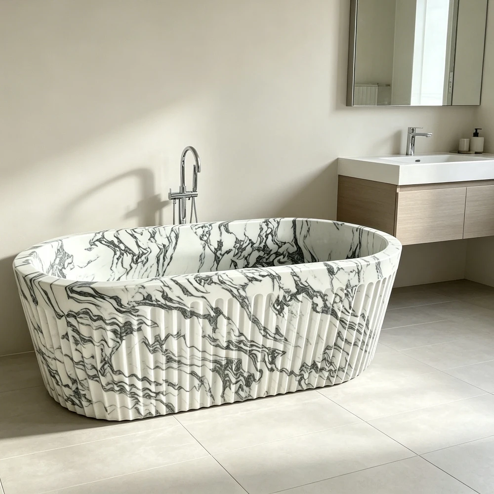 #￥Premium Natural Stone White Marble Freestanding Soaking Tub Stone Carving Bath Tub for Indoor Luxury Bathroom Washroom