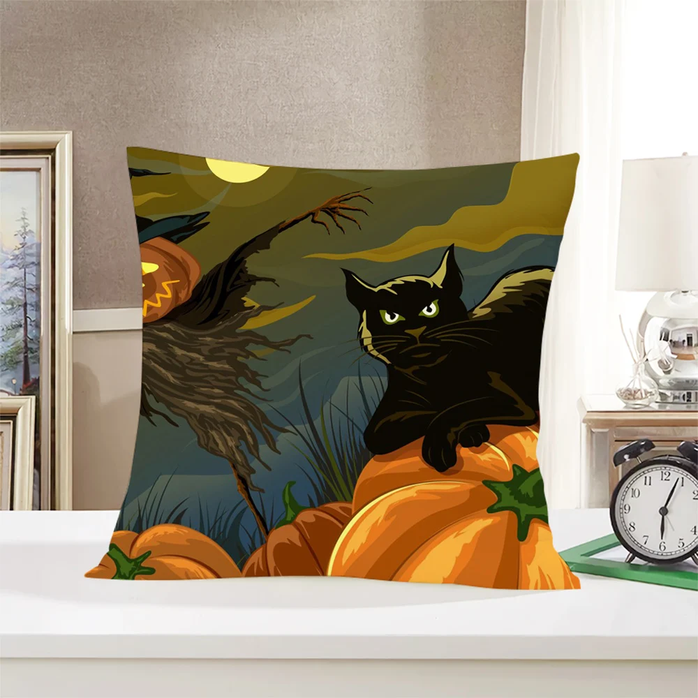 

CLOOCL Pillowcase Halloween Night Straw Pumpkin Black Cat Printing Room Sofa Plush Cushion Halloween Throw Pillow Cover