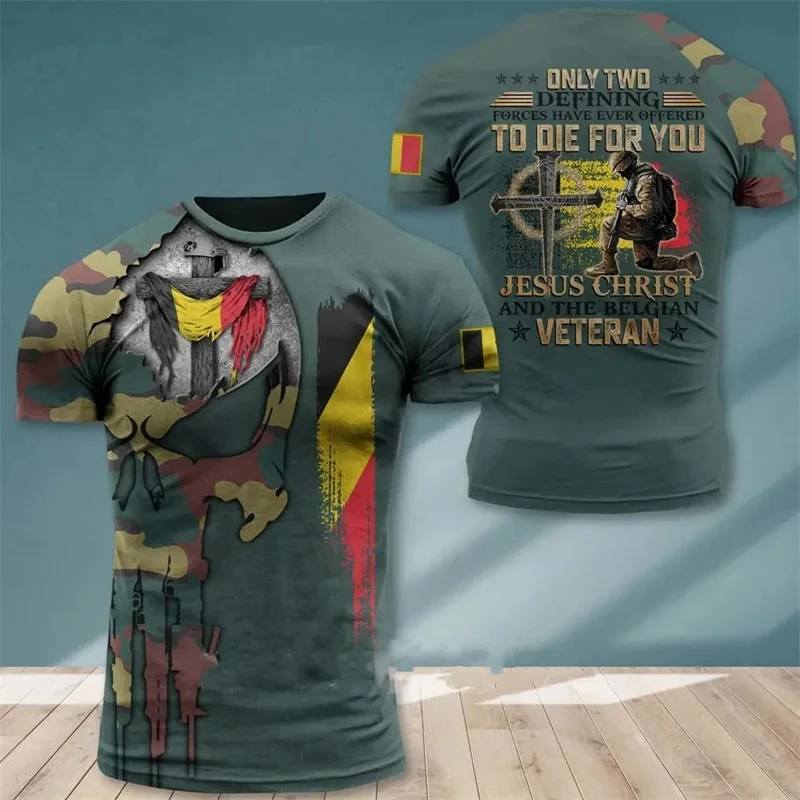 Belgium Flag Army Camouflage Graphic T Shirts Belgian Veteran Military Camo 3D Printed T-Shirt Casual Streetwear Soldier Tops