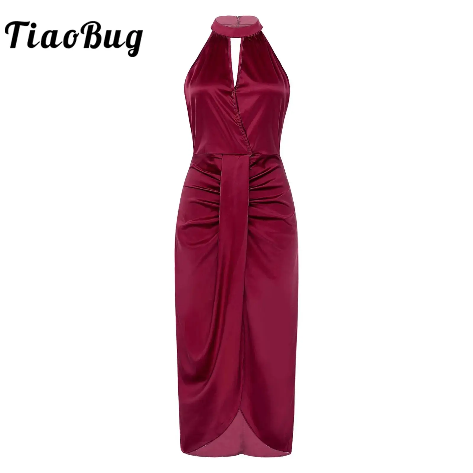 

Womens Elegant Dress Halter Sleeveless Split Midi Dresses Femme Vestido Dress for Cocktail Banquet Guest Evenings Party Gown