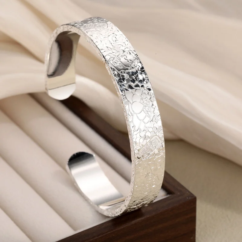 OUYADI Solid S999 Sterling Silver Women Open‑Cuff Bangle Sparkling Crushed‑Ice Texture Fine Silver Bracelet Gift for Girlfriend