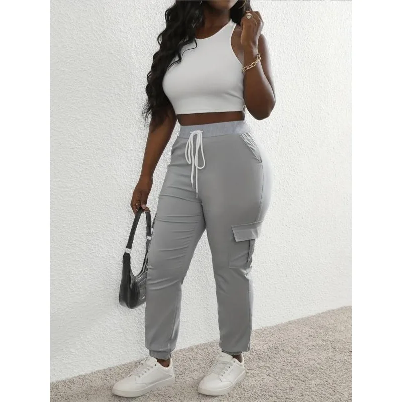 Lässige, einfarbige Arbeitshose für Damen in Übergröße mit Taschen, lässiger, taillierter Stil, Frühling und Herbst, bequeme Hose aus gewebtem Stoff