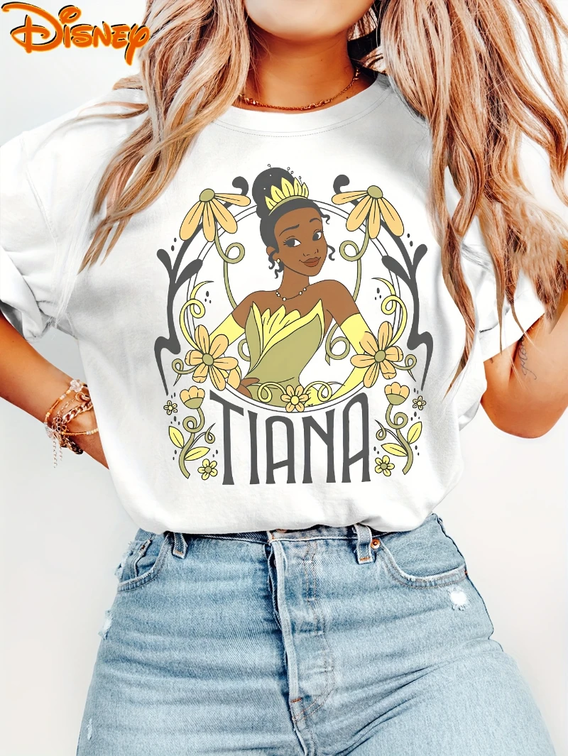 

Women'S Disney Princess & Frog Tiana Floral Vine Print T-Shirt - Casual Crew Neck Spring/Summer Crew Neck Casual Short Sleeve