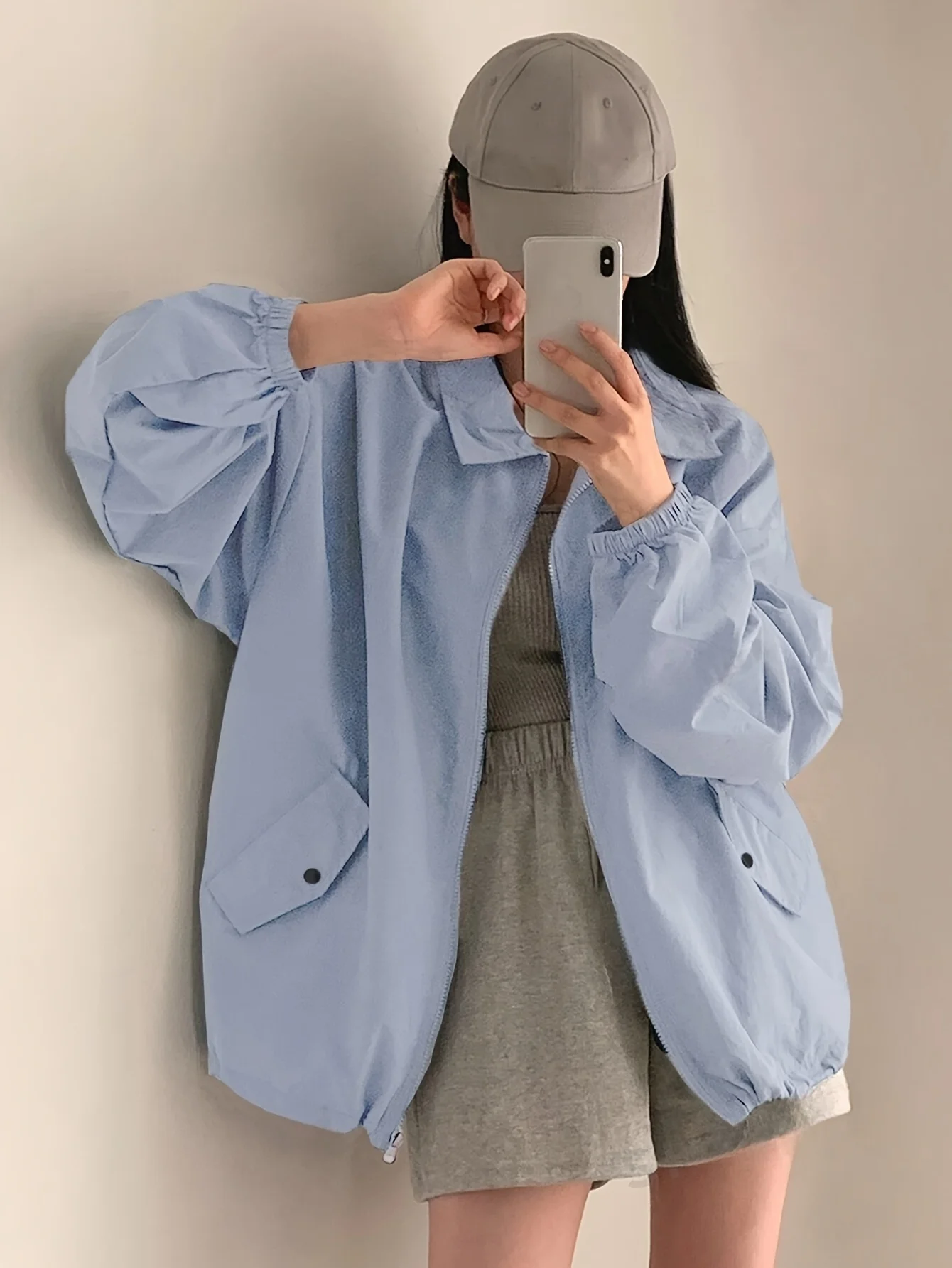 

Стиль отдыха, однотонная куртка с длинными рукавами, молния, отложной воротник, эластичные манжеты, свободный крой, повседневные карманные пальто, всесезонные