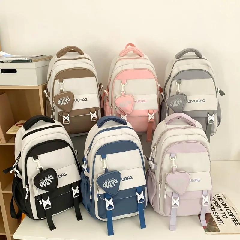 Student Backpack Color Blocking Large Capacity Curved Shoulder Strap Flip Cover Buckle Outer Bag Elastic Rope Water Cup Bag