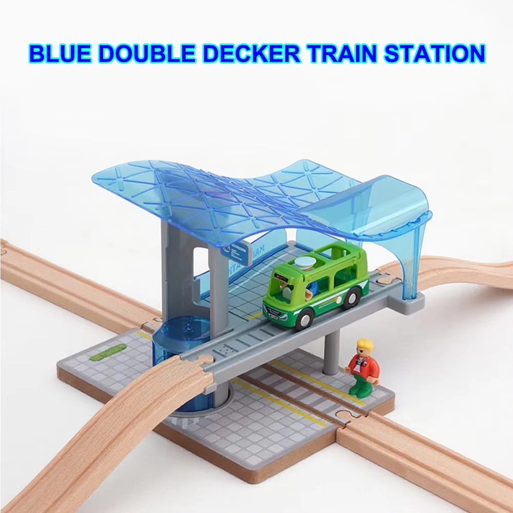 Double Decker Elevator Sound Train Station Platform Scene Wooden Track Expansion Set, Compatible With Small Train Track Toys