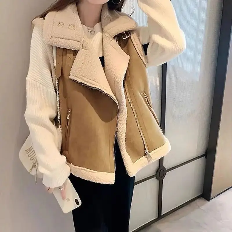 Women's Fashionable Fleece Lined Thickened Vest Polo Collar Multi Layer Wear Versatile Style Spring Season Synthetic Fiber