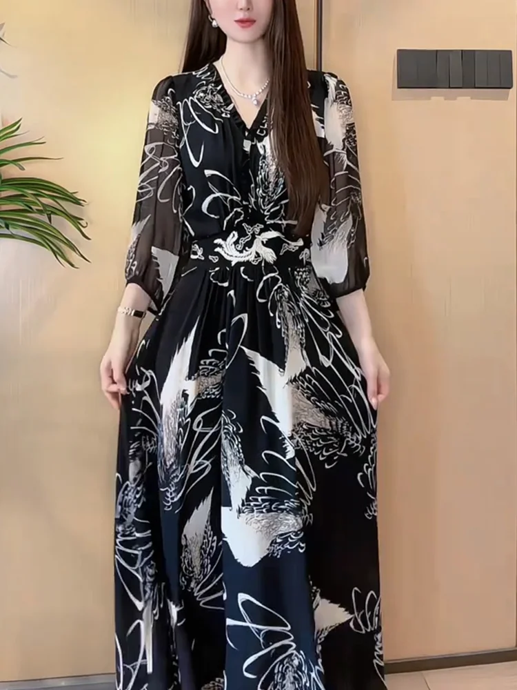 

Ele Retro Print V-Ne Dr Women's Faionable plus Size Long Dr Korean Sle Commute Five Sve Summer Dr