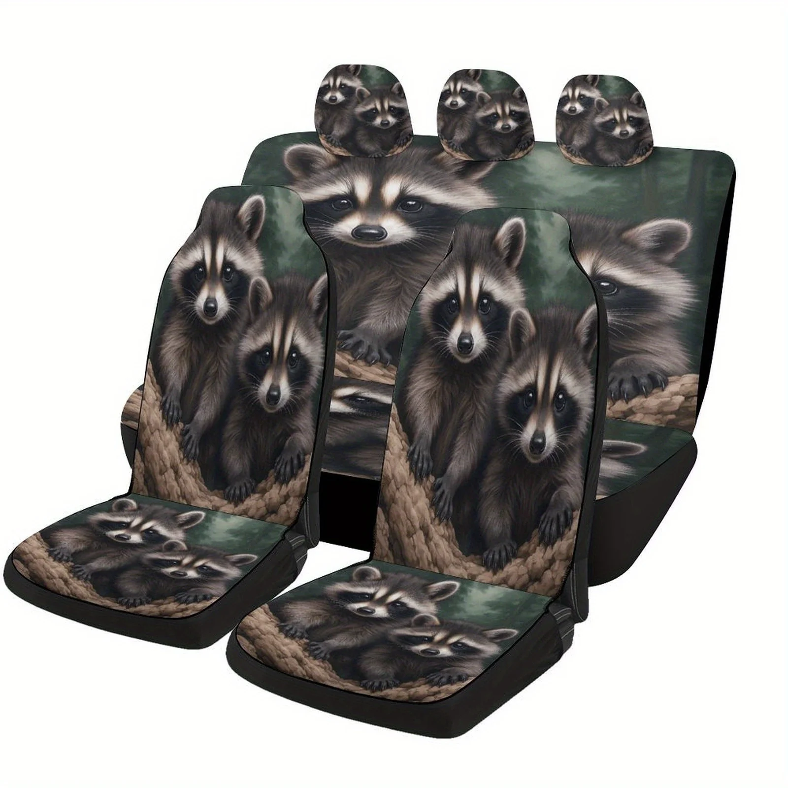 Raccoon Duo Resting Designed Car Seat Cover Set For Most Cars, Trendy Novelty High-quality Car Seat Protector Covers Full Set, U