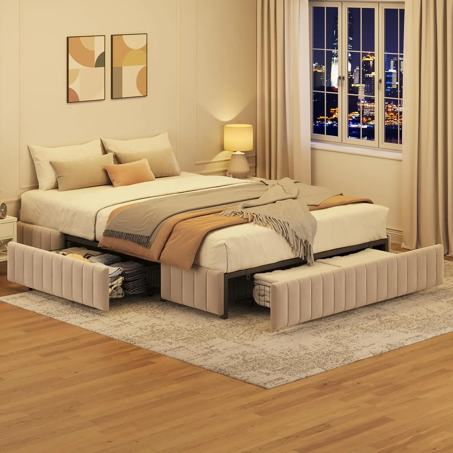 Queen Platform Bed Frame Channel-Tufted Velvet Beige | Crafted with velvet fabric and poplar wood, this low-profile, Customized