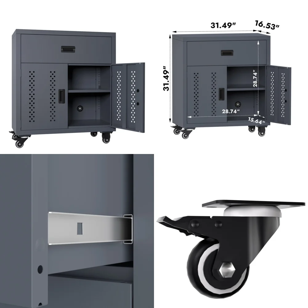 

Ящик для инструментов Сверхмощный стальной шкаф для хранения в гараже с запирающимся сундуком-органайзером 31,5-дюймовый шкафчик для инструментов и